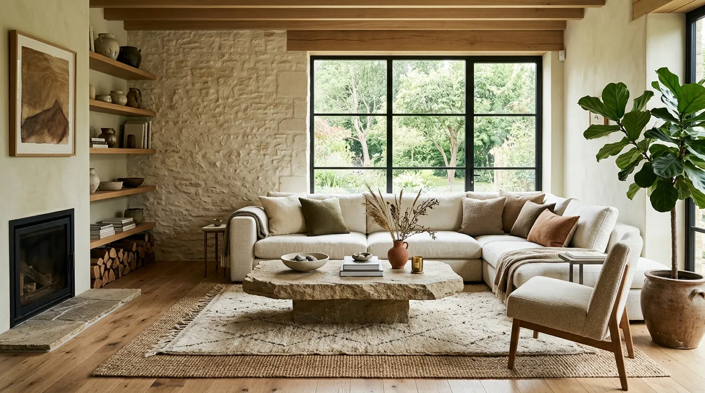 Keep the palette low contrast and naturally warm inspiration for an organic modern living room.
